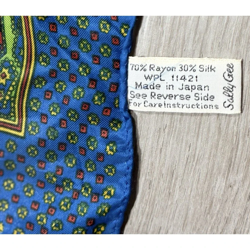 Vintage Sally Gee Rayon Silk Square Scarf Blue Green Paisley Floral 23